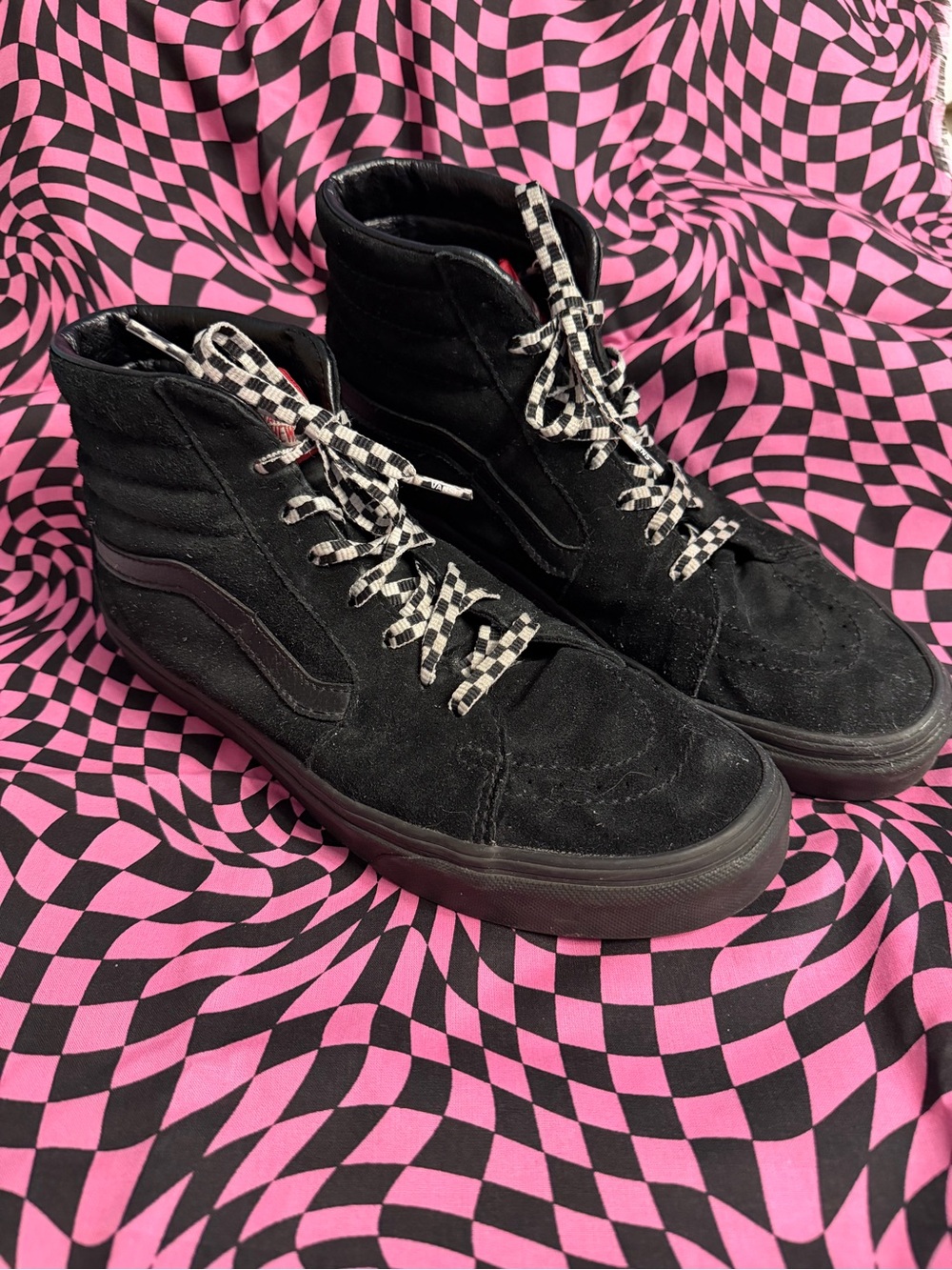 Vans Black High-Top Skate Sneakers with Checkerboard Laces